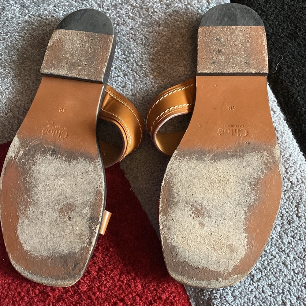 Chloé Cognac Leather Slide Sandals with Gold Ring Accent - Picture 4 of 5